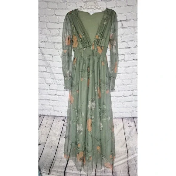 Baltic Born Layla Tulle Maxi Sage Green Floral Mesh Maxi Dress Medium - Picture 1 of 12